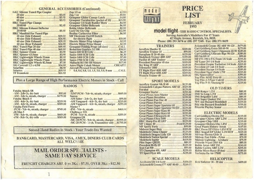 Modelflight Mail Order Pricelist from 1993